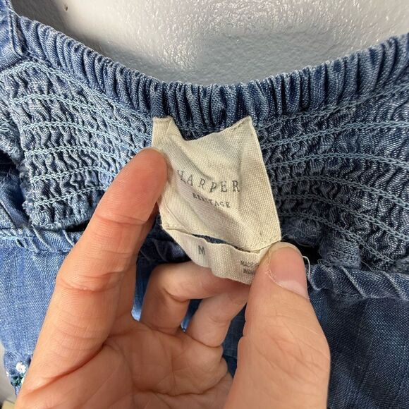 Harper Heritage Denim Ruffled Tank Top with Floral Embroidery | M - Picture 3 of 7